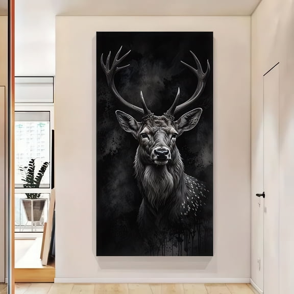 Majestic Black and White Deer Portrait Framed Canvas Wall Art 48x24 Inch Modern Wildlife Print for Living Room Bedroom Entryway Decor