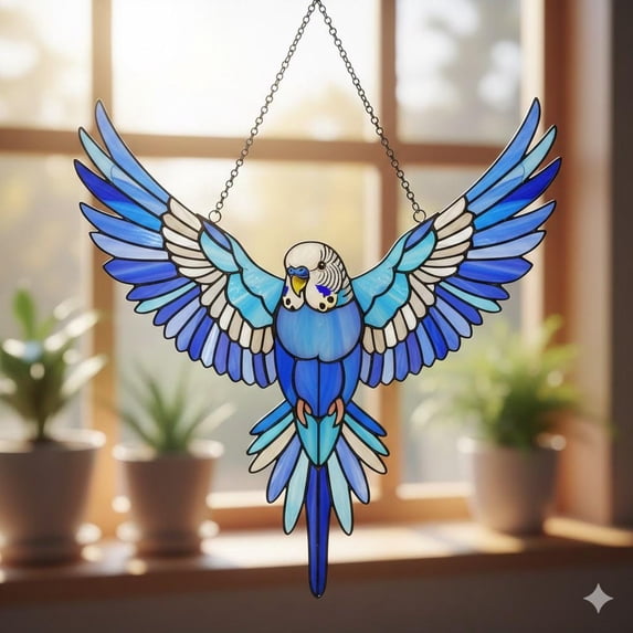 Majestic Blue Budgie Parakeet Acrylic Suncatcher Window Hanging Tropical Bird Decor Gift for Bird Lover