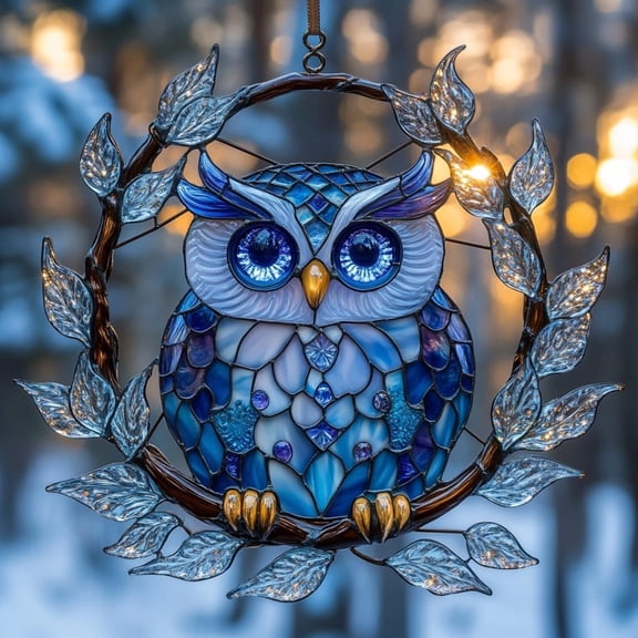 Majestic Blue Owl Faux Stained Glass Suncatcher, Acrylic Window Hanging Art, Unique Bird Lover Gift, Home Decor Ornament