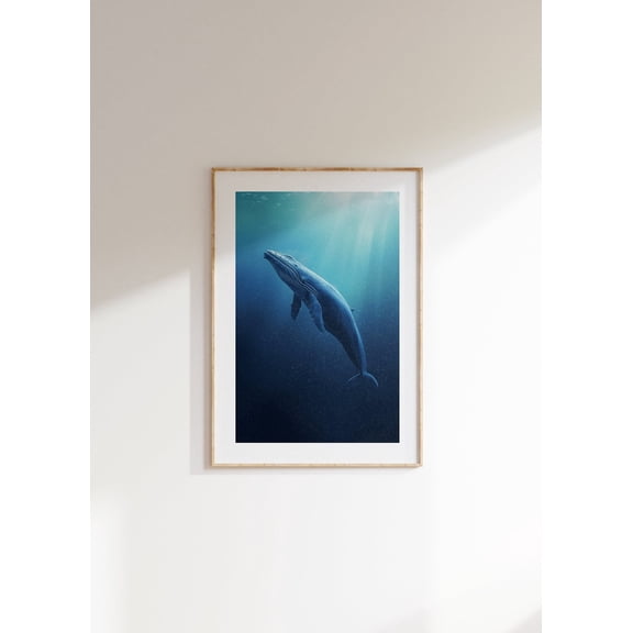 Majestic Blue Whale Beach House Decor Calming Neutral Ocean Print Minimalist Unframed Paper Poster 8x10in