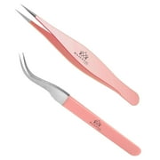 Majestic Bombay Curved Needle Nose Tweezers Stainless Steel Surgical Tweezers, Light Pink 2-Pack