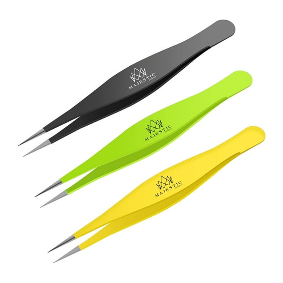 Majestic Bombay Multicolor Fine Pointed Tweezers for Women and Men, 3 Pack