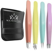 Majestic Bombay Multicolor Fine Pointed Tweezers for Women and Men, Matte 4 Pack