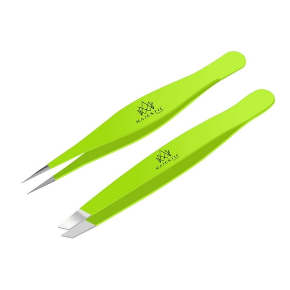 Majestic Bombay Pointy Slanted Tweezers for Women Sharp Tweezers for Hair Removal, Green, 2 Pack