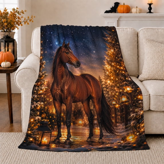 Majestic Brown Horse Snowy Night String Lights Enchanting, Festive Holiday Scene, Warm Flannel Blanket for Ranch House and Living Room, Horse Lovers Appreciation Gift, Rustic Home Decor