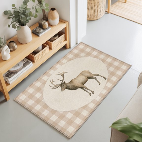 Majestic Buck 2'x3' Rug for Entryway Front Door Kitchen Sink Area, Retro Natural Buck Linen Plaid Low Pile Washable Non Slip Rectangle Area Rug