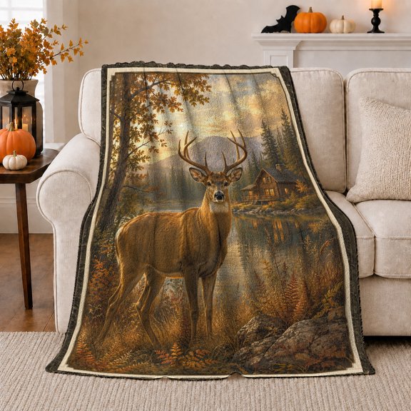 Majestic Buck Autumn Woodland Cabin By Lake Realistic, Peaceful Mountain Lake Scene, Warm Flannel Blanket for Cabin and Lodge, Outdoor Lovers person's Day Gift, Artistic Home Decor
