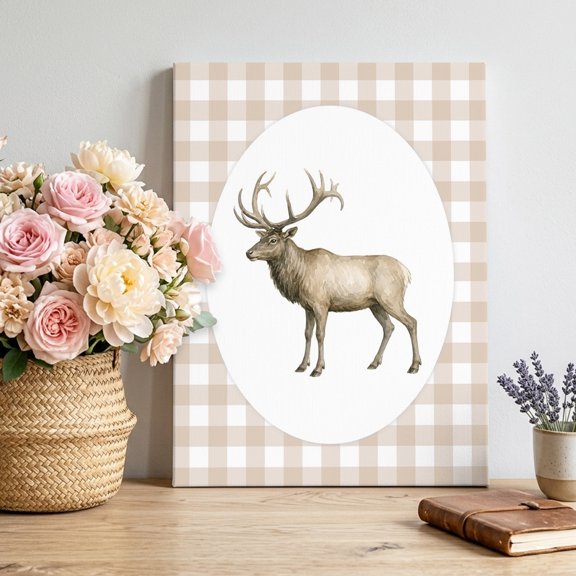 Majestic Buck Canvas Wall Art, Retro Natural Buck Khaki Plaid Framed Canvas Wall Decor Picture Print Artwork Decorations for Living Room Office Ready to Hang 12" x 8"