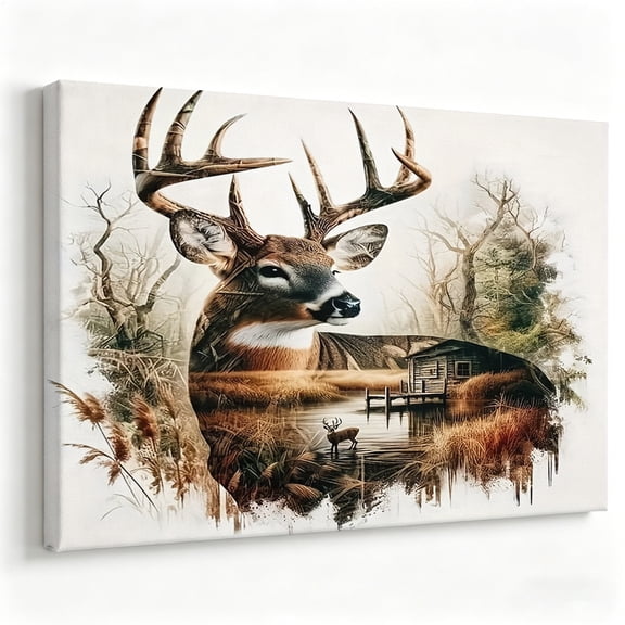 Majestic Buck Deer Double Exposure Canvas Wall Art Rustic Cabin Wildlife Poster Country Nature Painting Living Room Lodge Decor Print Ready to Hang 8*12