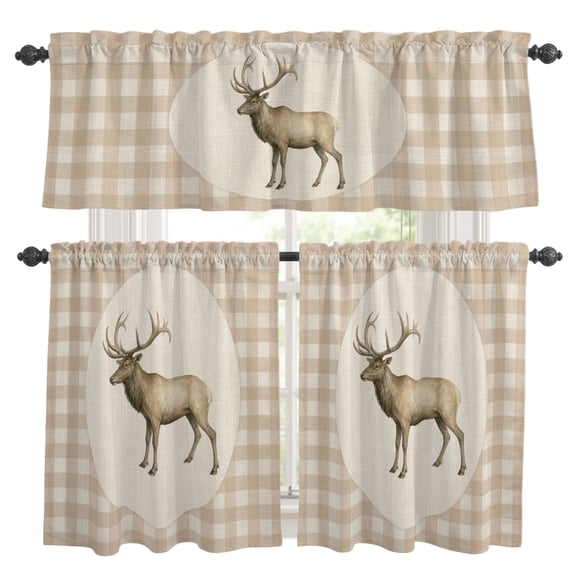 Majestic Buck Kitchen Curtains Valances 3 Piece Set, Retro Natural Buck Linen Plaid Rod Pocket Tier Curtain and Valance Drapes for Small Window 24 Inch Length for Bedroom Cafe