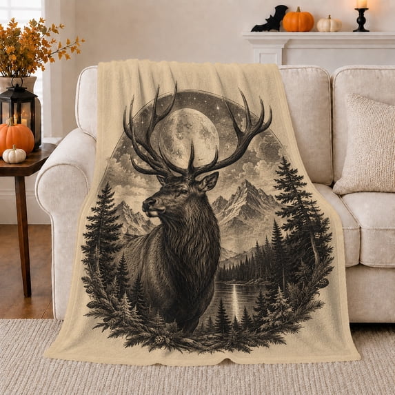 Majestic Buck Moon Woodcut Art, Peaceful Mountain Lake Scene, Warm Flannel Blanket for Cabin and Lodge with Detailed Artwork, Outdoor Lovers Friendship Gift, Artistic Home Decor