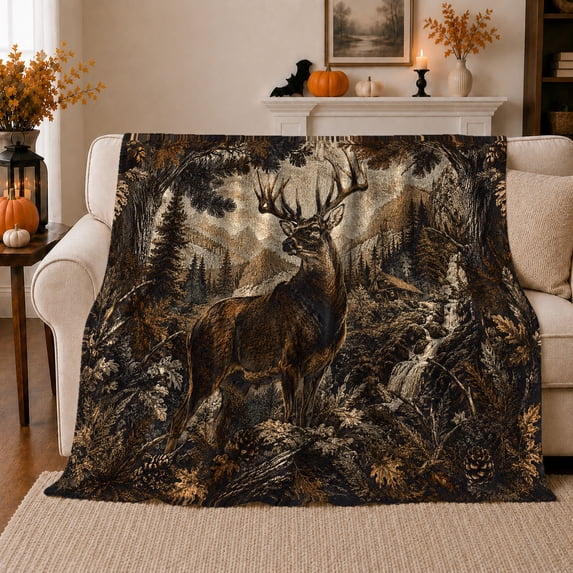 Majestic Buck Rustic Forest, Peaceful Mountain Lake Scene, Warm Flannel Blanket for Cabin and Lodge with Detailed Artwork, Outdoor Lovers Thanksgiving Gift, Artistic Home Decor
