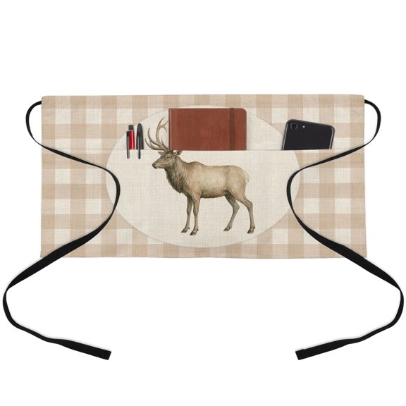 Majestic Buck Waitress Apron with 3 Pockets, Vintage Natural Buck Rustic Linen Plaid Server Aprons Waterproof Kitchen Restaurant Half Waist Apron for Men Women