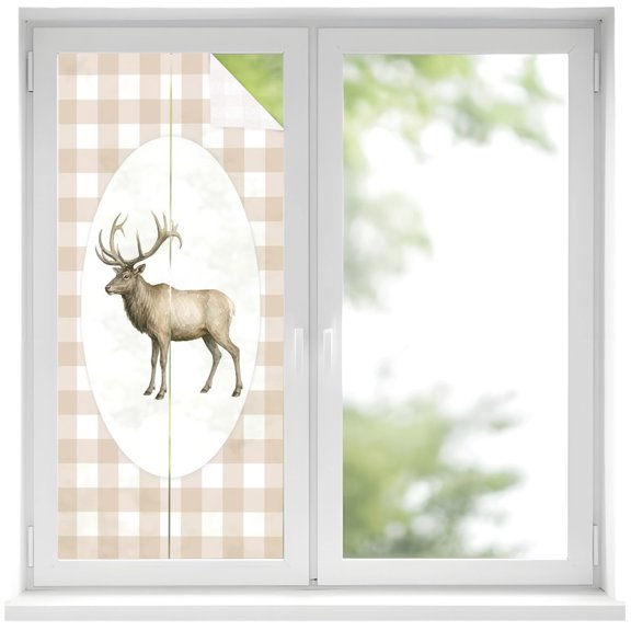 Majestic Buck Window Privacy Film Retro Natural Buck Khaki Plaid Decorative Glass Window Film UV Blocking Static Cling Non-Adhesive Sticker Covering for Home Door 19.6 x 39.3 inches