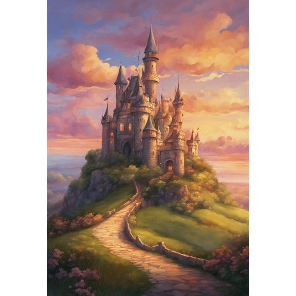 Majestic Castle at Sunset Fantasy Painting - 12" x 18" Art Print Wall Decor