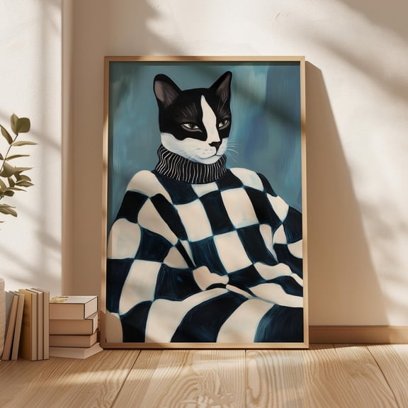 Majestic Cat In Geometrical Sweater Art Print, Modern Pet Portrait Wall Art, Cat Stylish Animal Wall Art Wall Art, Modern Wall Decor, 8x12 UNFRAMED