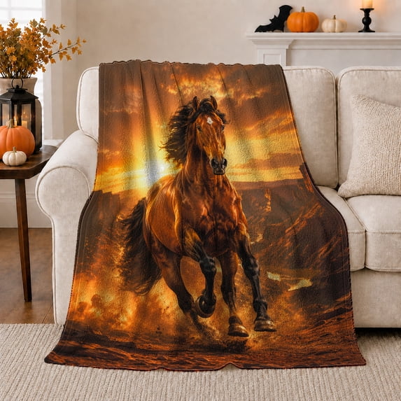 Majestic Chestnut Horse Mid Gallop Dust Over Desert, Rustic Farmhouse Horse Scene, Warm Flannel Blanket for Ranch House and Living Room, Horse Lovers Housewarming Gift, Rustic Home Decor