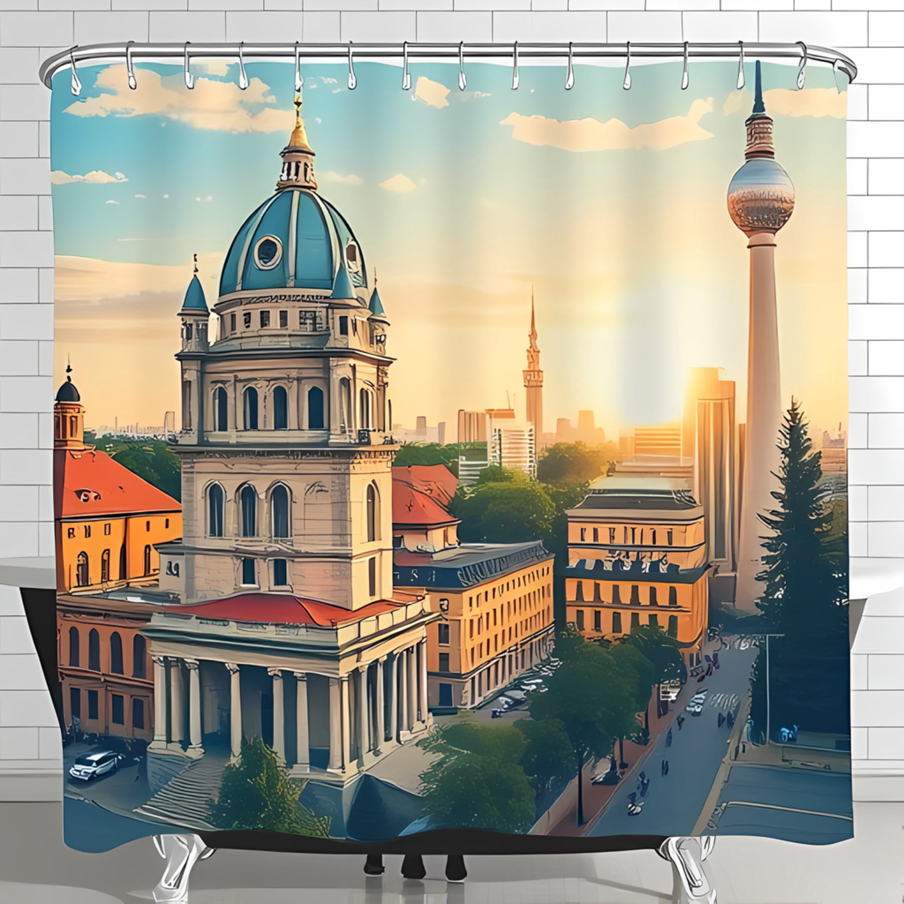 Majestic Cityscape Shower Curtain - Elegant Architecture with Sunset ... - Urban Luxurious Ruffled Shower Window Treatments