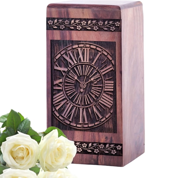 Majestic Clock-Themed Urn | 11.25-Inch Premium Memorial Box | Artistic Funeral Tribute, Black Wood Keepsake Urn