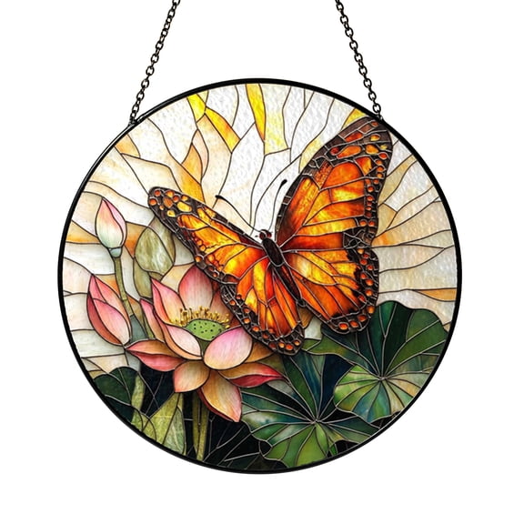 Majestic Copper Butterfly Pink Lotus Suncatcher Hanging Panel Art