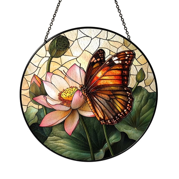 Majestic Copper Butterfly Pink Lotus Suncatcher Hanging Panel Decor