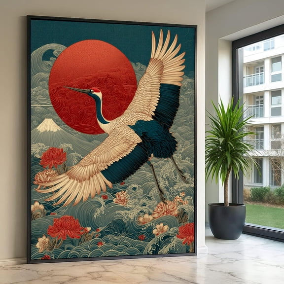 Majestic Crane In Flight Japanese Red Sun Traditional Asian Nature Scene Mount Fuji Floral Decor