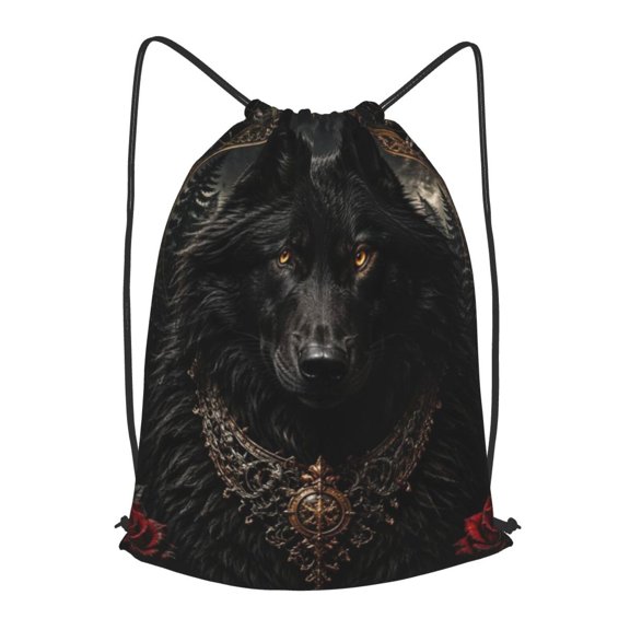 Majestic Dark Wolf Gothic Motif Drawstring Backpack Gym String Bag Sports Sackpack Cinch Sack, M