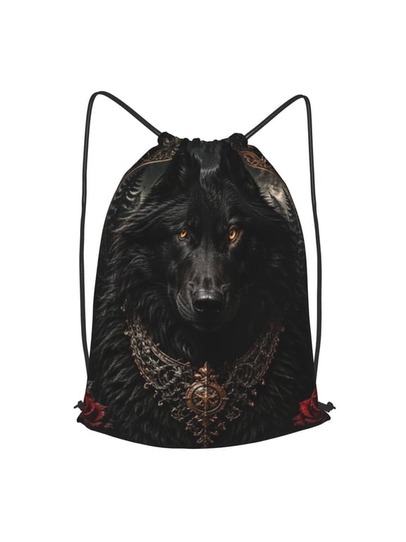 Majestic Dark Wolf Gothic Motif Drawstring Backpack Gym String Bag Sports Sackpack Cinch Sack, S