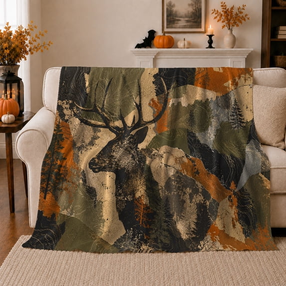 Majestic Deer Antler Wilderness Scene Moody Rustic, Peaceful Mountain Lake Scene, Warm Flannel Blanket for Cabin and Lodge, Outdoor Lovers Friendship Gift, Artistic Home Decor