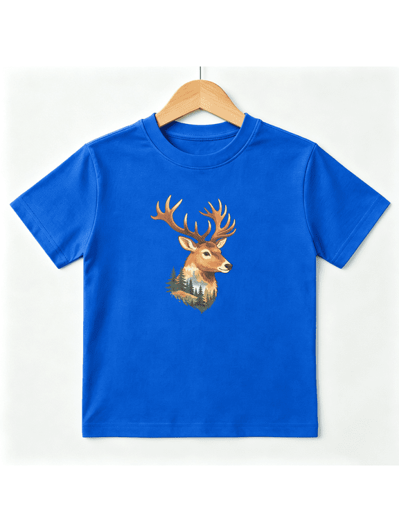 Majestic Deer Antlers Pine Forest Boys Graphic Tees Wildlife Kids T-Shirt 100% Cotton Short Sleeve Tops Ages 4-13Y