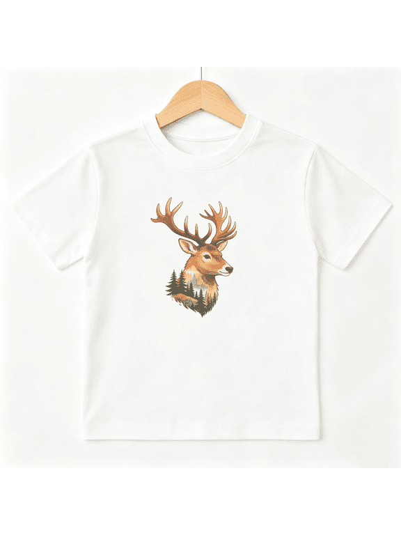 Majestic Deer Antlers Pine Forest Boys Graphic Tees Wildlife Kids T-Shirt 100% Cotton Short Sleeve Tops Ages 4-13Y