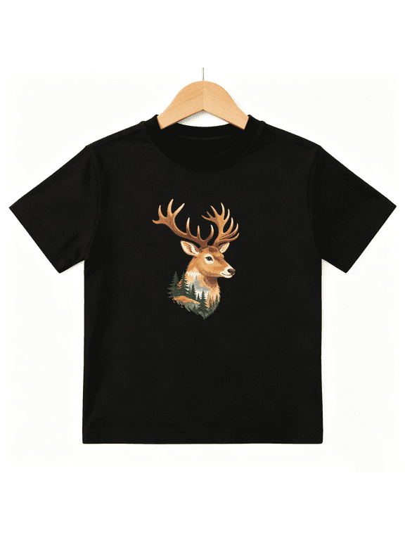 Majestic Deer Antlers Pine Forest Boys Graphic Tees Wildlife Kids T-Shirt 100% Cotton Short Sleeve Tops Ages 4-13Y