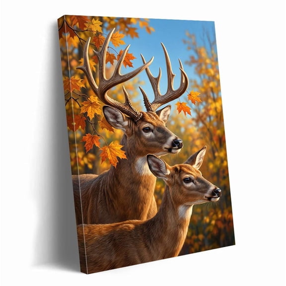Majestic Deer Autumn Forest Wildlife Buck And Doe Wall Art Print, Eye Catching Nature Inspired Theme For Bedroom And Gallery Wall Decor