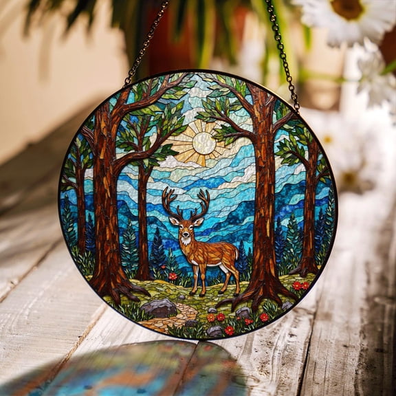 Majestic Deer Forest Scene Glass Suncatcher, Round Window Hanging, 6.3 in