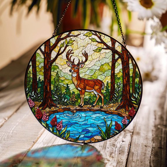 Majestic Deer Forest Scene Glass Suncatcher, Window Hanging, 6.3 in