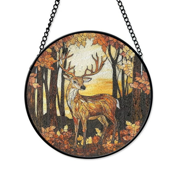 Majestic Deer Stained Glass Window Panel with Autumn Forest Scene for Nature-Themed Home Decor