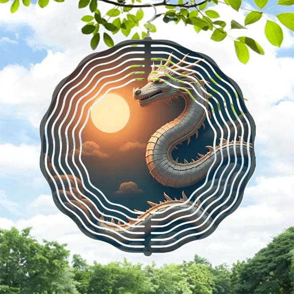 Majestic Dragon Metal Hanging Wind Spinner & Chime - Intricate Scales Fierce Expression Glowing Sun Design for Yard & Garden Decor