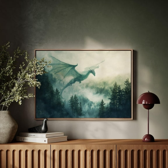 Majestic Dragon Soaring Over Misty Forest Wall Art - Enchanting Fantasy Landscape For Home, Office, Or Dragon Lover'S Decor Wall Art, Modern Wall Decor, 8x12 UNFRAMED