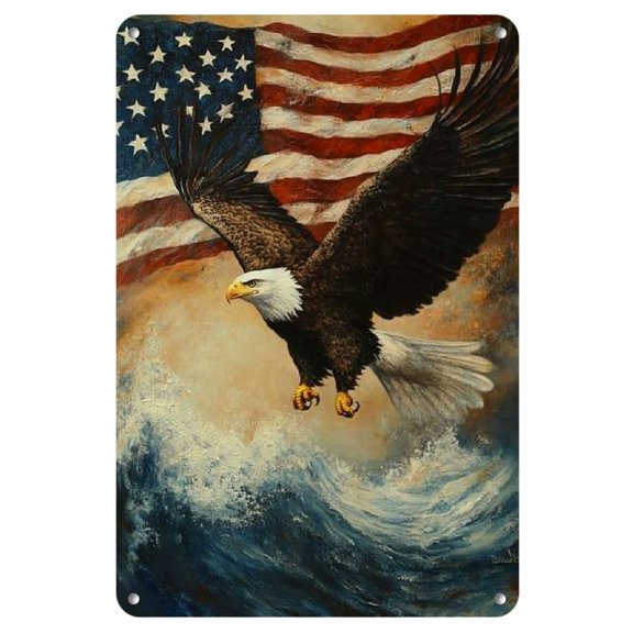 Majestic Eagle & American Flag Wall Art Decor - Vintage Iron Sign, No Power Needed, Easy to Hang - Ideal for Home, Office, & Patriotic Spaces, American Flag Decor