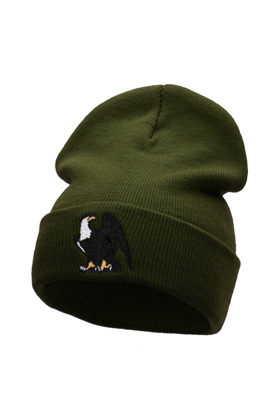 Majestic Eagle Embroidered 12 Inch Long Knitted Beanie - Olive OSFM