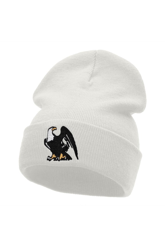 Majestic Eagle Embroidered 12 Inch Long Knitted Beanie - White OSFM