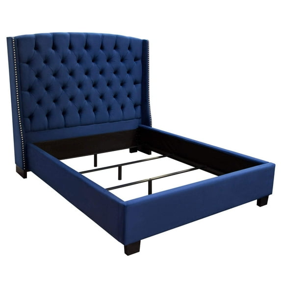 Majestic Eastern King Tufted Bed in Royal Navy Velvet, Nail Head Wing Accents