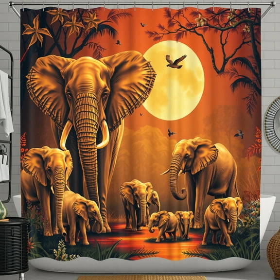 Majestic Elephant Shower Curtain - Vibrant Sunset Design, Family Scene