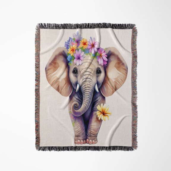 Majestic Elephant With Flowers Illustration, Woven Blanket