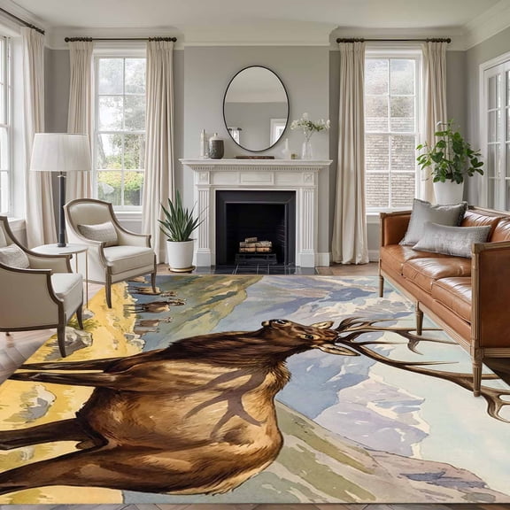 Majestic Elk 8'x10' Large Area Rug for Living Room Sectional Sofa, Brown Wildlife Animal Rocks Snowcap Alpine Meadow Farm Washable Non Slip Low Pile Rectangle Area Rug