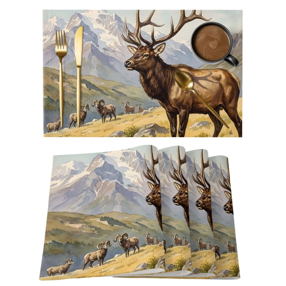 Majestic Elk Cotton Linen Placemats Set of 1, Brown Wildlife Animal Rocks Snowcap Alpine Meadow Farm Washable Table Place Mats Heat Insulating Placemat for Dining Room Kitchen Daily Use 13 x 19 Inch