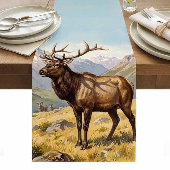 Majestic Elk Cotton Linen Table Runner Brown Wildlife Animal Rocks Snowcap Alpine Meadow Farm Dining Table Runners for Home Decor Party Dining Room Restaurant Kitchen Party 13" x 36"