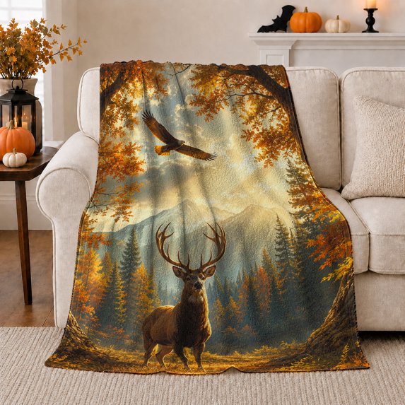 Majestic Elk Eagle Autumn Forest, Rustic Camping Scene, Warm Flannel Blanket for Cabin and Lodge with Detailed Artwork, Outdoor Lovers Thanksgiving Gift, Rustic Home Decor