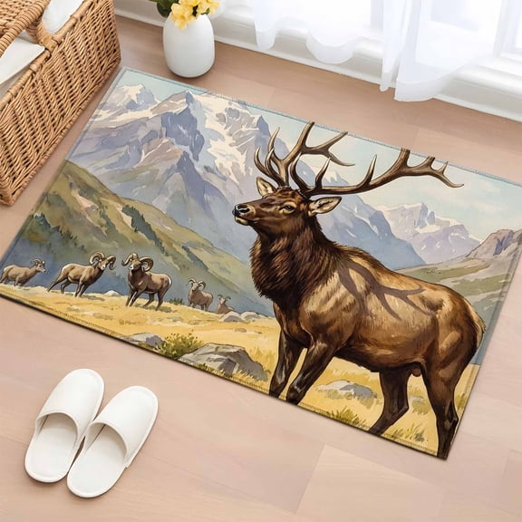 Majestic Elk Entryway Rug 2'x3' Brown Wildlife Animal Rocks Snowcap Alpine Meadow Farm Small Area Rug Non-Slip Front Door Mat Washable Floor Carpet for Indoor Entrance Kitchen Bathroom