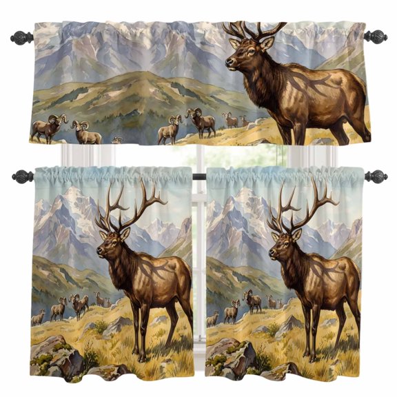 Majestic Elk Kitchen Curtains Valance and Tier Set Brown Wildlife Animal Rocks Snowcap Alpine Meadow Farm Rod Pocket Short Curtains for Small Window 3 Pieces Set for Bedroom (54" x 18"+27" x 36")